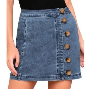 Free People Little Daisies Blue Denim Button Up Stretch Cotton Mini Skirt EUC 6